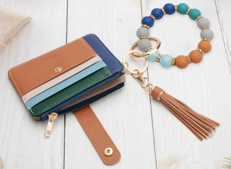 COOLANS Wristlet Bracelet Keychain Card Holder Card Pocket PU Leather Purse Tassel Keychain Bangle Key Ring for Women Girls (Silicone Bead Bracelet+Card Purse (Rainbow)) - Image 4